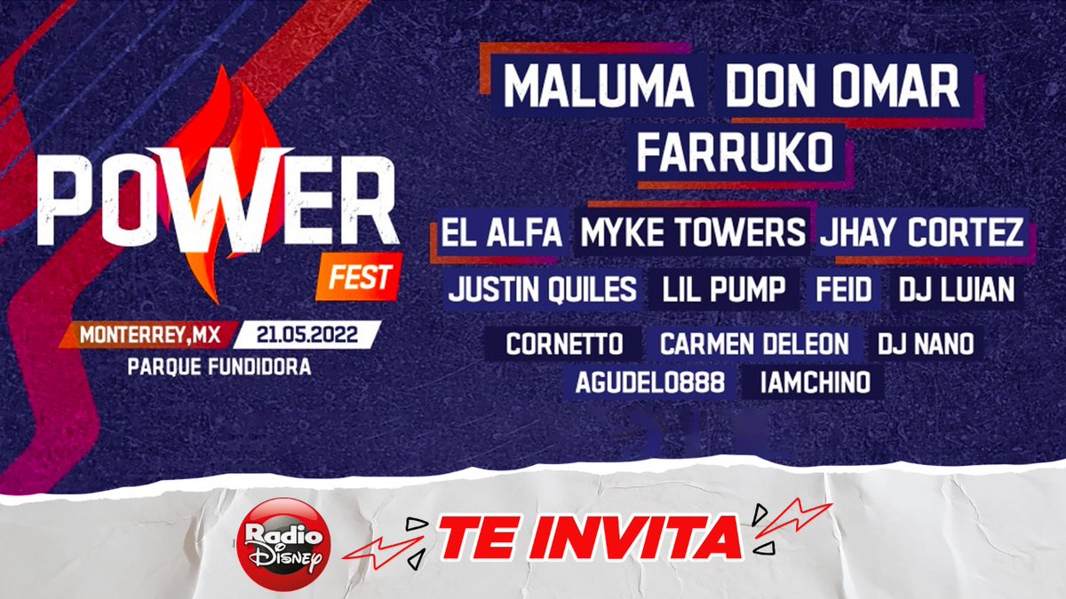 RadioDisneyMX's tweet image. ¡Cada vez falta menos para #PowerFest!¡En Radio Disney te invitamos a disfrutar la música en vivo de tus artistas favoritos! 🤩🎟️

Mantente muy atento a tu conexión para participar por tus entradas y no perderte el 21 de junio en Parque Fundidora la primera edición del festival🔥