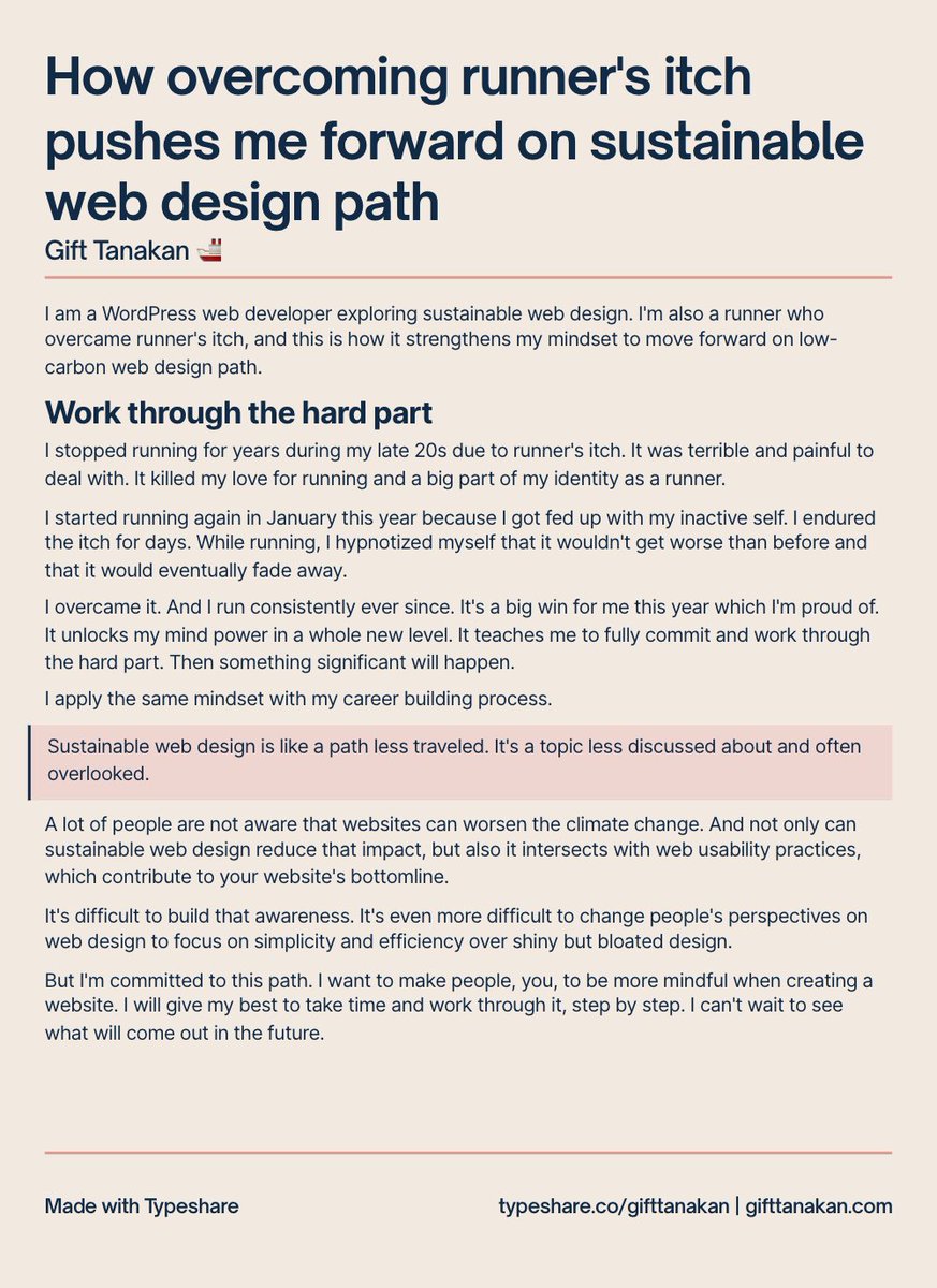 Gift_Tanakan's tweet photo. Day 11 of #ship30for30
.
How overcoming runner's itch pushes me forward on sustainable web design path
.
#sustainablewebdesign #sustainabledevs #developerrunner #runnersitch #lowcarbonwordpress https://t.co/ZVI3N3WSZy