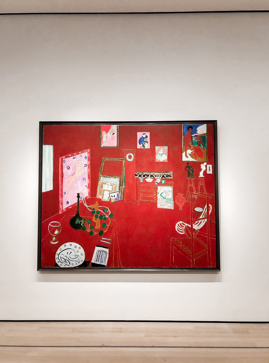 maykhinreports's tweet photo. At MoMa,The Red Studio by Henri Matisse illustrates the monochrome palette and deep compositions that explores the idea of color relationships. “This red, which is a little warmer than red ocher, is a precise color of the palette,” said Matisse in a letter to Tangier in 1912. https://t.co/yXBiVXsMu6