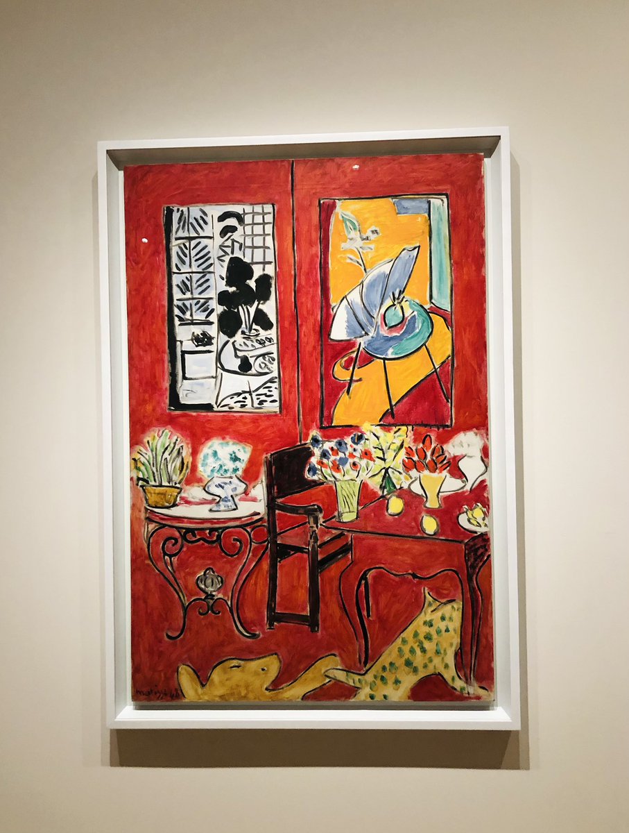 maykhinreports's tweet photo. At MoMa,The Red Studio by Henri Matisse illustrates the monochrome palette and deep compositions that explores the idea of color relationships. “This red, which is a little warmer than red ocher, is a precise color of the palette,” said Matisse in a letter to Tangier in 1912. https://t.co/yXBiVXsMu6