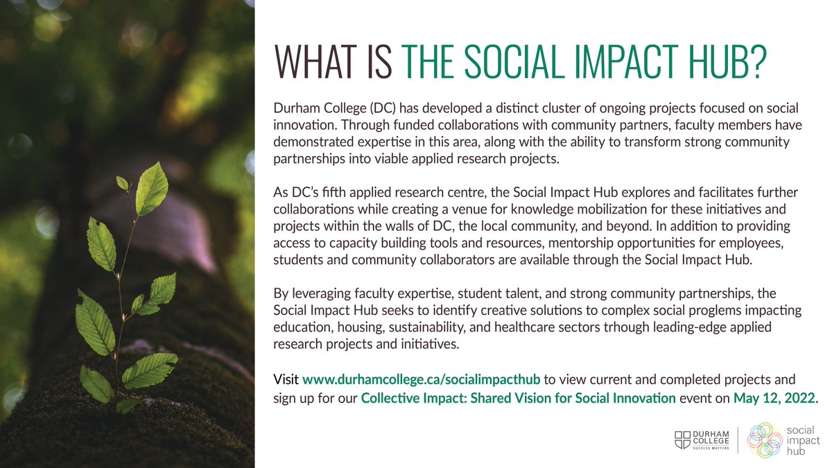 dc_socialimpact's tweet photo. The Social Impact is the fifth applied research centre at @durhamcollege dedicated to exploring #socialinnovation through #appliedresearch projects with community partners and funded by @sshrc_crsh. Learn more: https://t.co/vI35RlHNeo. https://t.co/2t1Gm8Ji8D