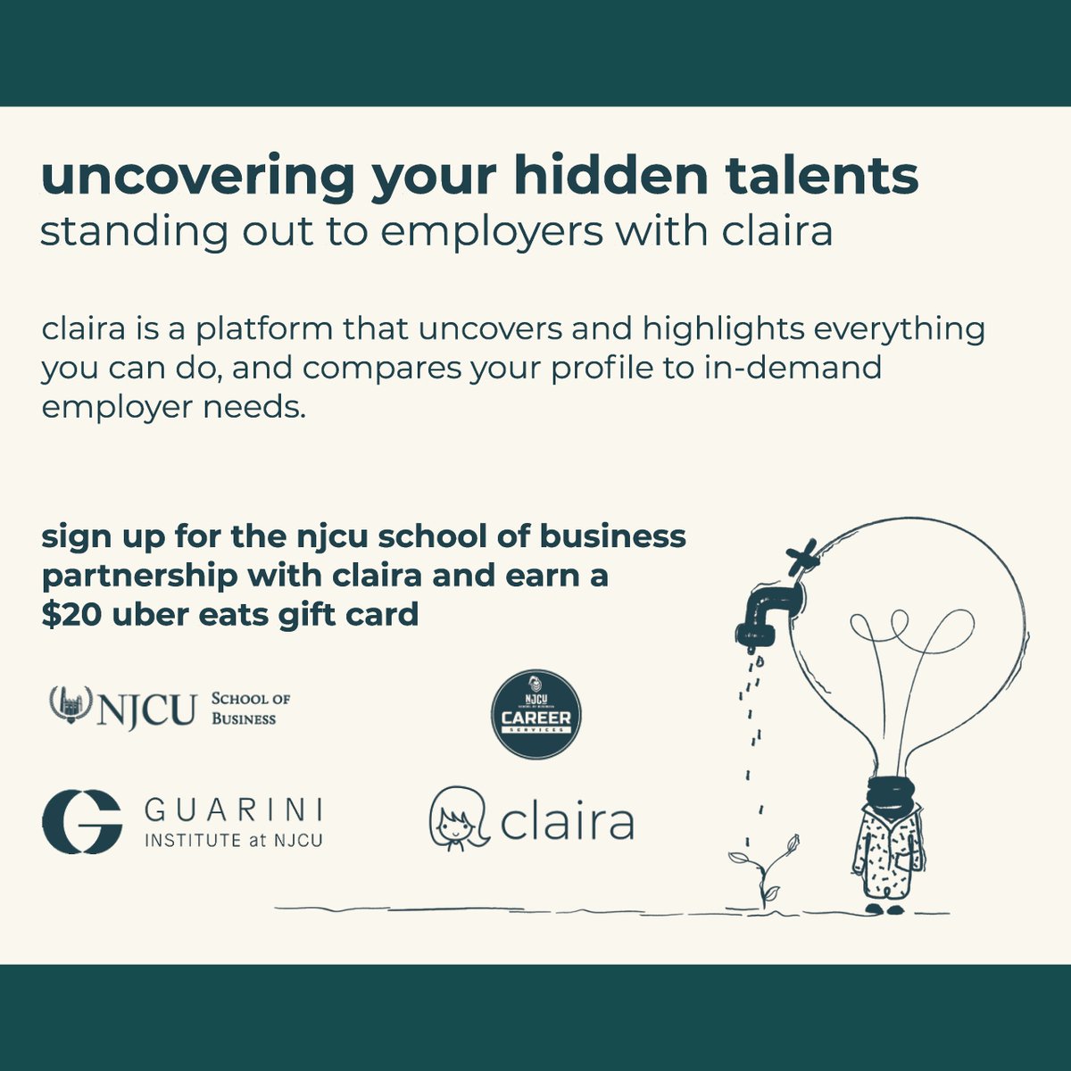 NJCUbusiness's tweet photo. ATTN: GRADUATING SENIORS! We're partnering with @Guarini_NJCU to provide free access to Claira! @myclaira is a platform that highlights your skills and compares your profile to in-demand employer needs. To all of our graduating seniors, please check your emails for details! https://t.co/qT8re4T3cT