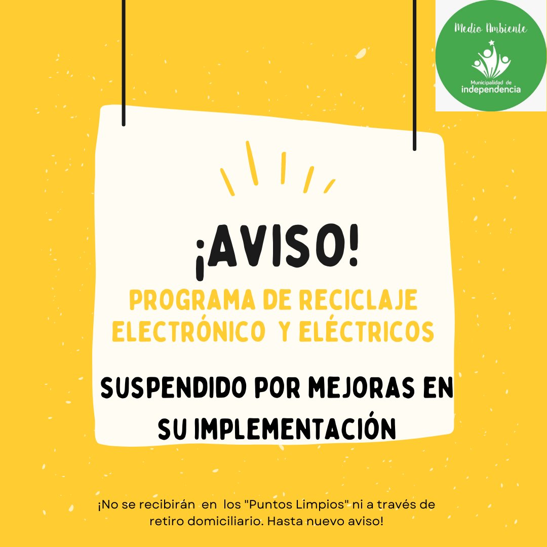 Vecin@s
📣Informamos, que por el momento tenemos suspendido el programa de "Reciclaje de Electrónico y eléctrico".
Esperamos pronto, retomar lo.
¡Agradecemos su comprensión!