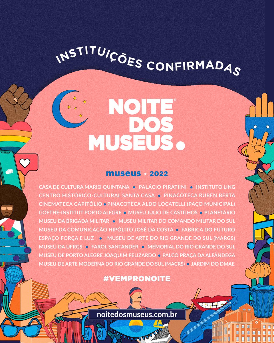 noitedosmuseus's tweet photo. Museus CONFIRMADOS para Noite dos Museus de 2022!
Te aprochega, vivente, que agora temos os museus confirmados para edição de 2022 da noite mais querida de Poa! São 20 espaços culturais parceiros do Noite dos Museus que vão fazer a noite de 21 de maio inesquecível!🤘 #vempronoite https://t.co/Fcge5ZYI8r