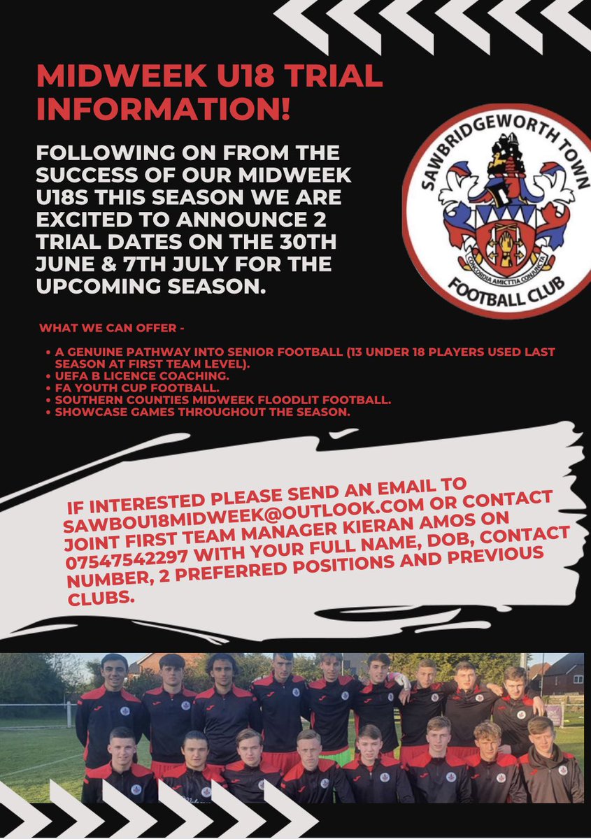 A great opportunity to join the club in our @SawboMidweek18s squad for next season! Trial dates and information below. 

Get in contact 📞 🔴⚫️🔴⚫️