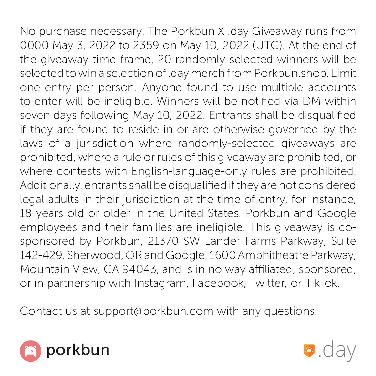 To celebrate mothers.day and to raise awareness about maternal health, we’ve teamed up with Google Registry to give 20 winners some .day swag! ☀

-Follow <a href="/Porkbun/">Porkbun</a>
-Like &amp; RT this tweet
-Tag a buddy
-Share a .day domain you want to see!

Ends 5/10 ⏰

#mothersdotday