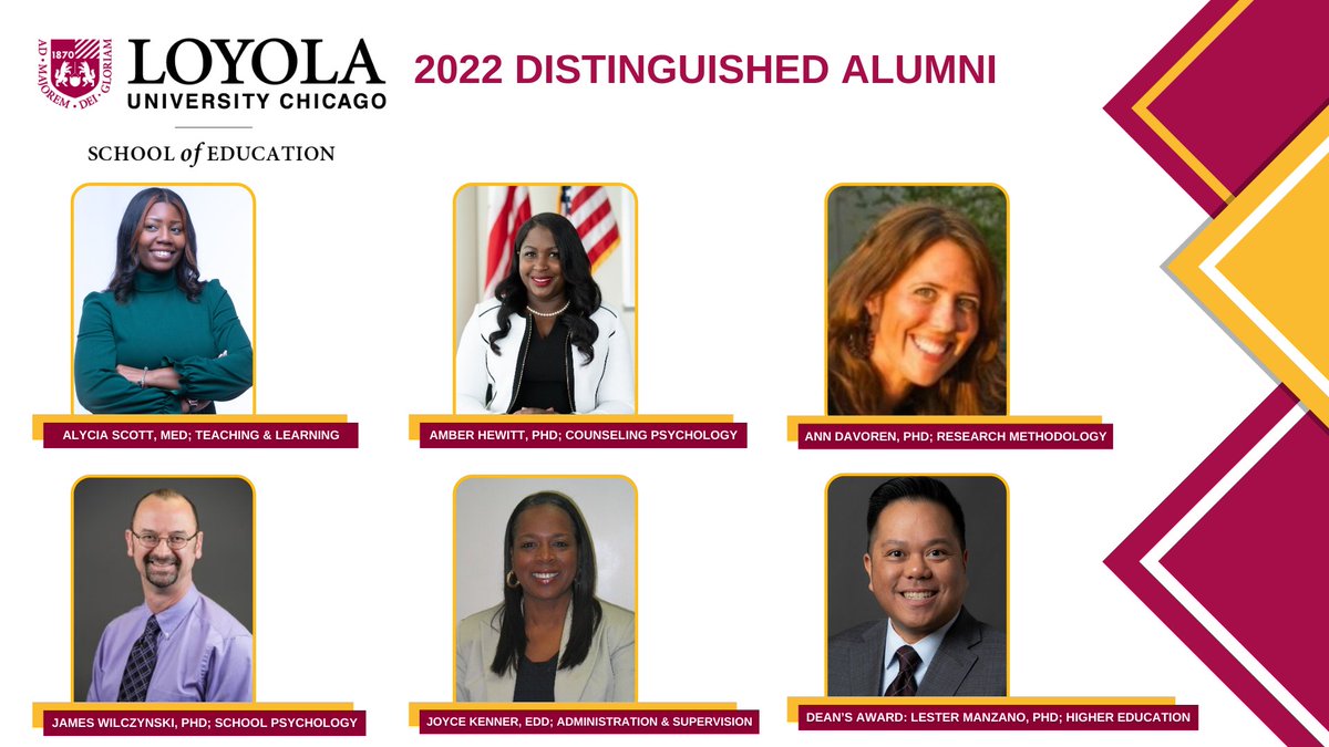 LoyolaSOE's tweet photo. Last week we had the distinct honor of celebrating six of our esteemed alumni. Join us in celebrating this year’s School of Education 2022 Distinguished Alumni.

Stay tuned for a video recaps and alumni write ups, coming soon! #lucsoe #educationalleadership https://t.co/WalLRTrnuF