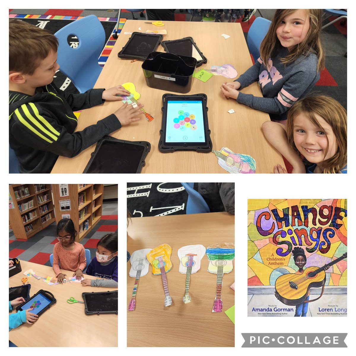 MrsScottMedia's tweet photo. These firsties heard the award winning book "Change Sings" by @Amandagorman123 and discussed how we can change our community. Used our new Specdrum rings to then make our own songs with our colorful guitars! #onetroymedia #martellmustangs #specdrums https://t.co/asUnfUn6Zv