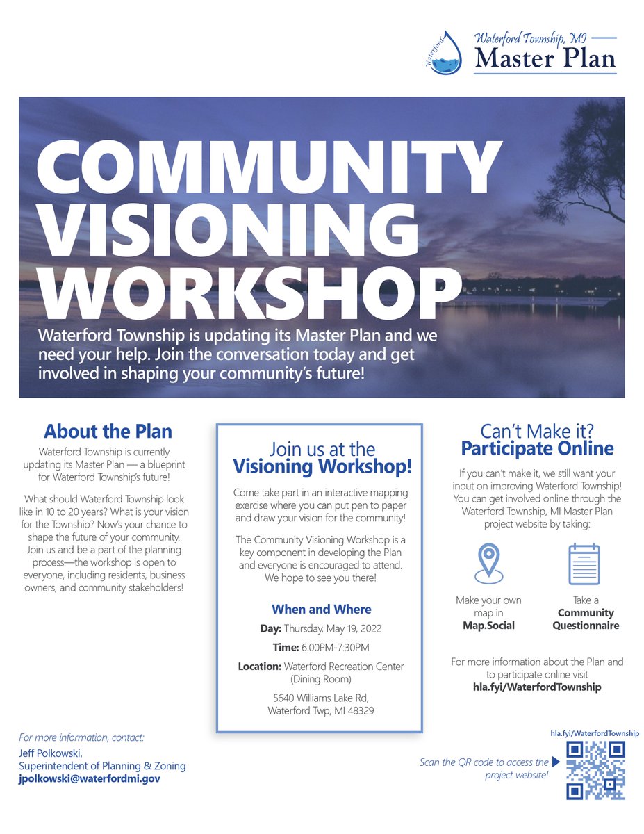 What should Waterford Township look like in 10 years? Share your vision at the Master Plan Community Visioning Workshop on May 19, 2022, at 6pm at the Waterford Recreation Center 5640 Williams Lake Rd. waterfordmi.gov/masterplan