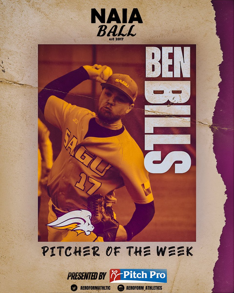 The NAIA Ball Pitcher of the Week presented by @AeroformAthltic is SAGU (Texas) SP Ben Bills 

Bills threw a no-hitter with nine strikeouts in the win over Bacone (Okla.)  He also finished with two doubles and three RBIs in the win