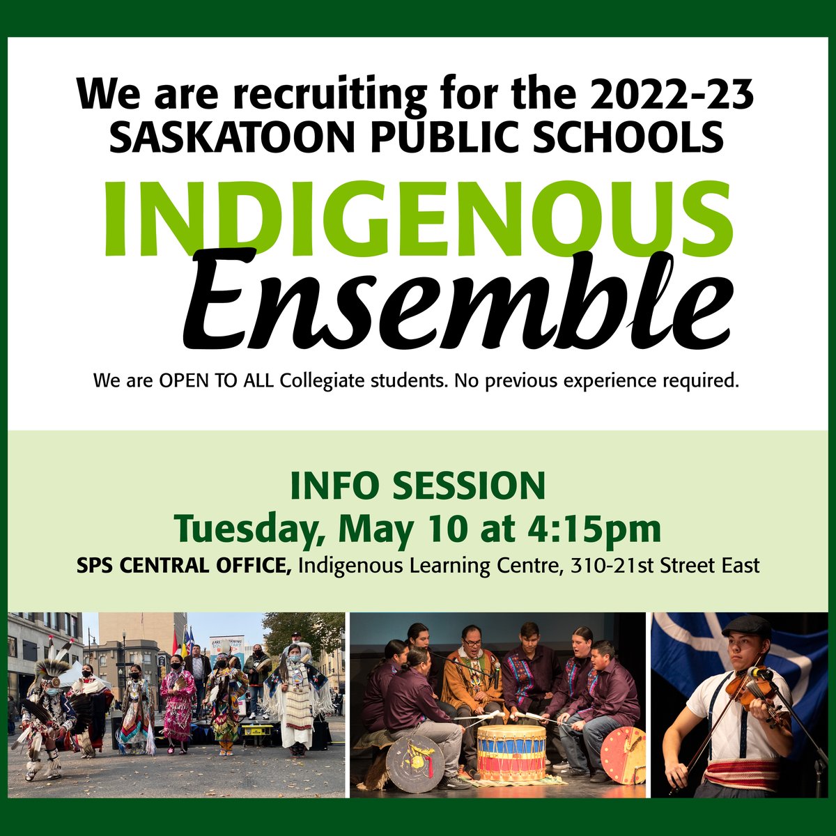 After a two-year absence the <a href="/SPSDEnsemble/">Sps Indigenous Ensemble</a> is welcoming new and returning students and making plans for its first performances. Interested students should attending the info session on May 10. #spslearn #yxe 
LEARN MORE: ow.ly/TPr850IYrwU