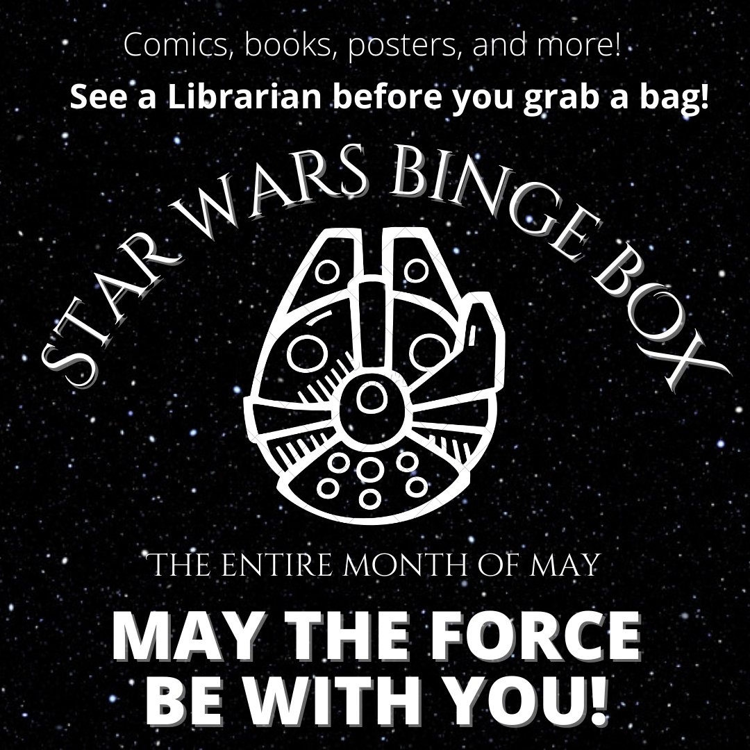 Introducing the Teen Corner's very first Binge Box! This month's theme is Star Wars! May the Force be with you today and all of May. Happy Star Wars Day everyone!
#StarWarsDay #MayTheFourthBeWithYou #MayThe4thBeWithYou #MAYTHEFORCEBEWITHYOU #StarWarsCelebration #booklovers