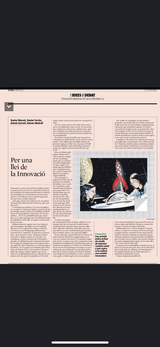 joaquimdeulofeu's tweet photo. Endavant amb una llei d’innovació. Com més siguem i més clar ho reclamem millor. I per claredat i arguments contundents aquest gran article de @XavierMarcet,  @XavierFerras, @AntoniGarrell i @ealmirall 
#innovació #transformació #modelCEOretail https://t.co/b0Zsdo9c4R