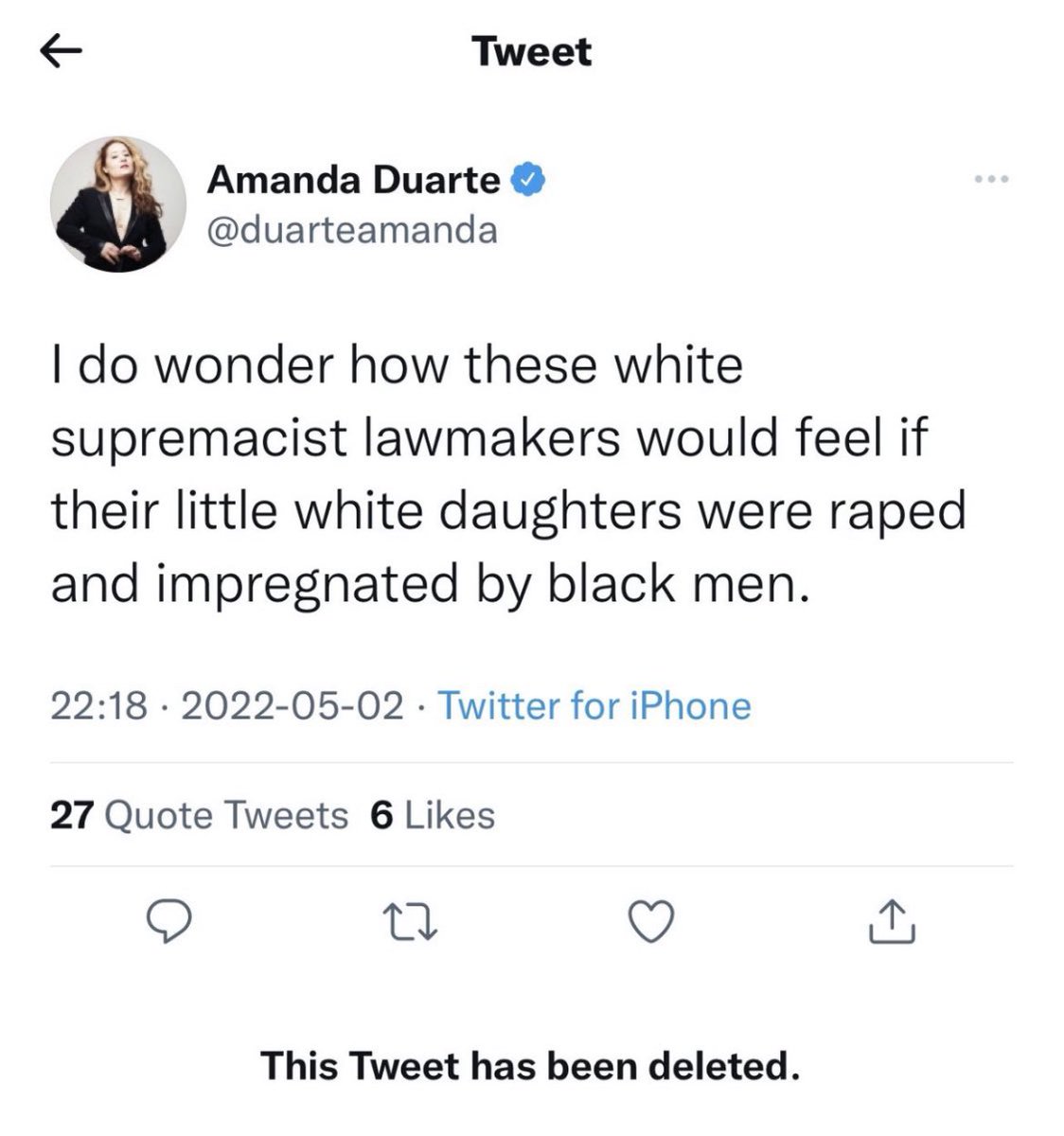 Been telling you guys for years that white liberals are at their core, racist. 
They use racial scenarios to get what they want. @duarteamanda wants to kill babies so she wants people to imagine how awful it would be if white women were impregnated by villainous black men.