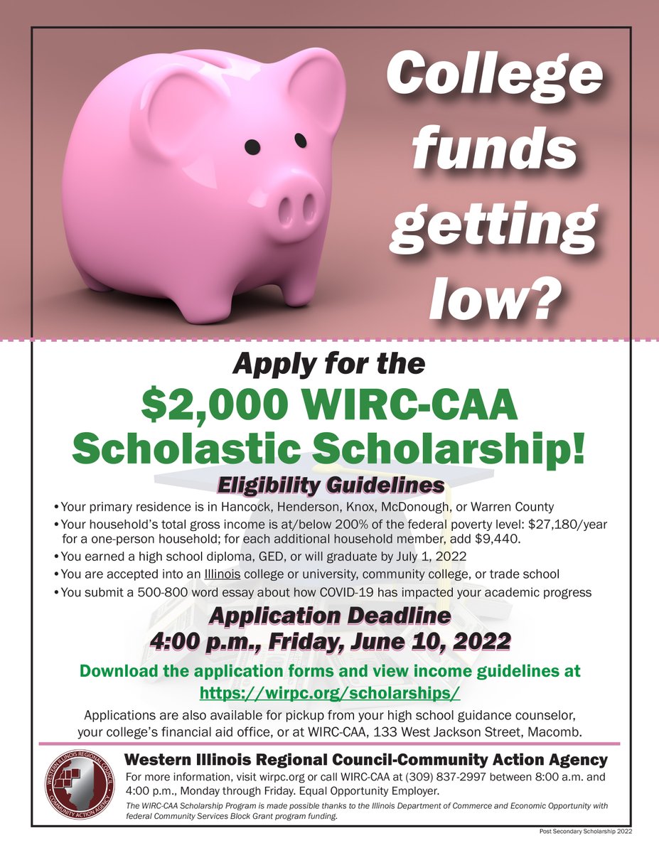 WIRC_CAA's tweet photo. π€ WIRC-CAA is now accepting applications for the $2,000 Scholastic Scholarship. Deadline to apply is Friday, June 10, 2022.
π§ https://t.co/Ah3UrKmoMx
#scholarships #college #wiu #nonprofit #scholarship #student #Application #socialservice #WIRCCAA #communityactionagency https://t.co/2i5RBnMDpm