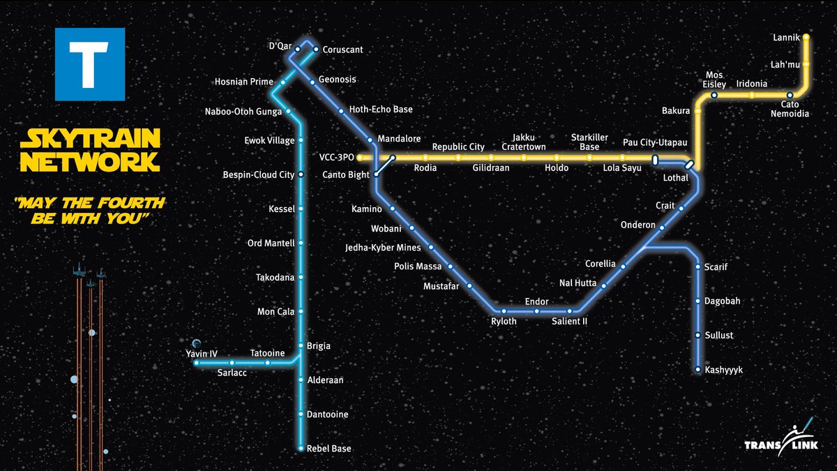 TransLink's tweet photo. Do you need help navigating the star system tomorrow for #StarWarsDay? We’ve updated our SkyTrain map so all you Padawans and Jedi can get around hassle free. No force powers needed! #MayTheFourthBeWithYou @starwars ^LA https://t.co/Dwk4FkxggP
