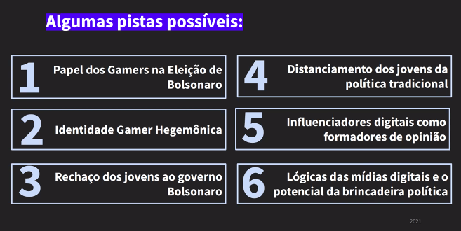 RedeMetagame's tweet photo. Começou a mesa "Os games nas eleições de 2022", do Grupo de Pesquisa em Games da Intercom. Link abaixo.

A pesquisadora @luizacdsantos elenca fatores para compreender como os games se tornam um "campo de batalha ideológico externo" no cenário digital nas eleições de 2022: https://t.co/5Hl5XZK5I9