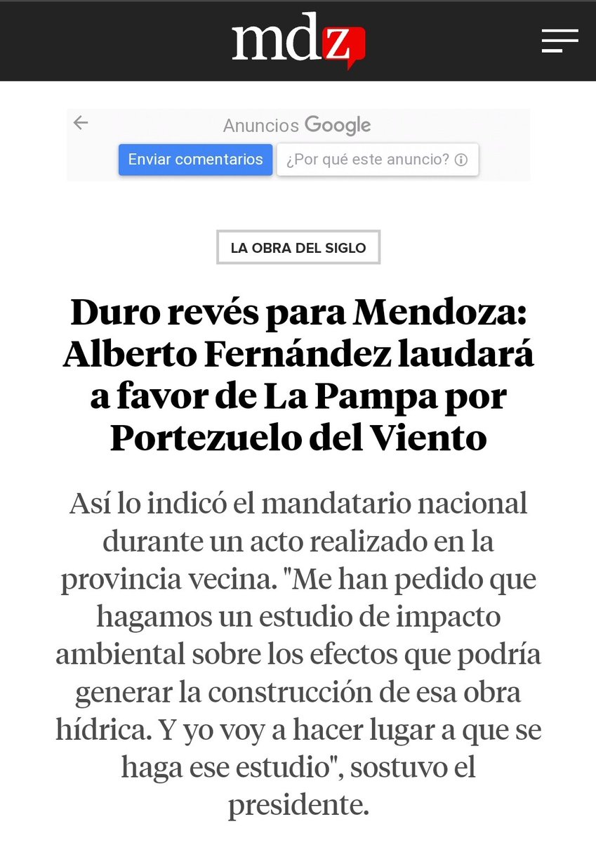 El gobierno de <a href="/alferdez/">Alberto Fernández</a> no solo se encargó de discriminar con recursos a Mendoza, sino también de entorpecer una obra estratégica. (Hilo)

#PortezuelodelViento 
<a href="/rodysuarez/">Rodolfo Suarez</a> 
<a href="/juliocobos/">Julio Cobos</a> 
<a href="/alfredocornejo/">Alfredo Cornejo</a>
