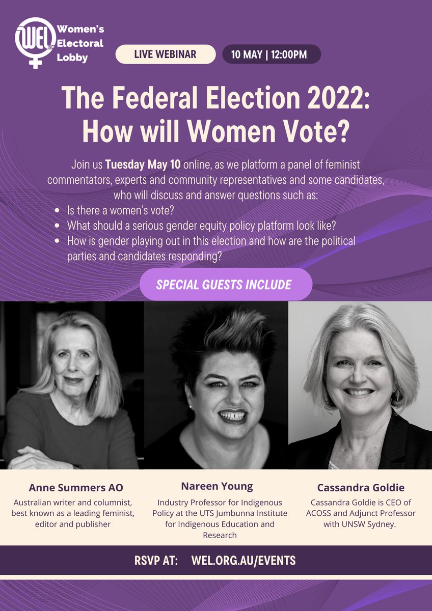 welaust's tweet photo. Don't miss out on this ELECTRIC ELECTION LIVE WEBINAR - 10 MAY 2022!
RSVP: https://t.co/1O82L4QQpI
Participants will put the spotlight on political parties and their candidates’ attempts to capture the women’s vote.
#auspol #fedelection #votewel2022 https://t.co/dGk9VrkXAr
