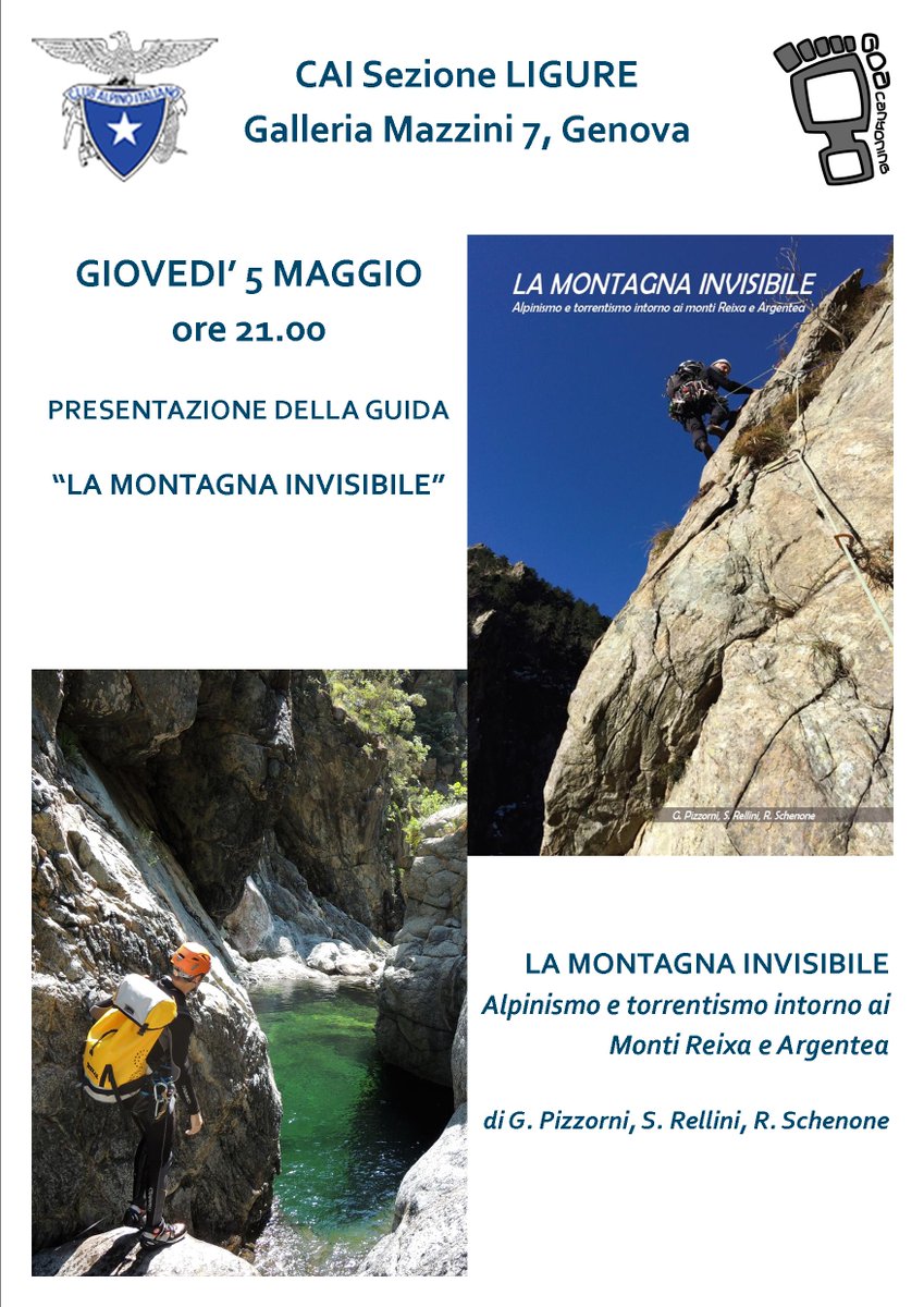CAILigure's tweet photo. Presentazione della nuova guida "La Montagna Invisibile"
Video, foto e "discursci" alla genovese. Una serata per spiegare l'invisibile che gli autori hanno scovato tra le montagne nostrane del Parco #Beigua tra #Reixa e #Argentea
Giovedì ore 21 in sede CAI Ligure, ingresso libero https://t.co/AxcYHiOG1J