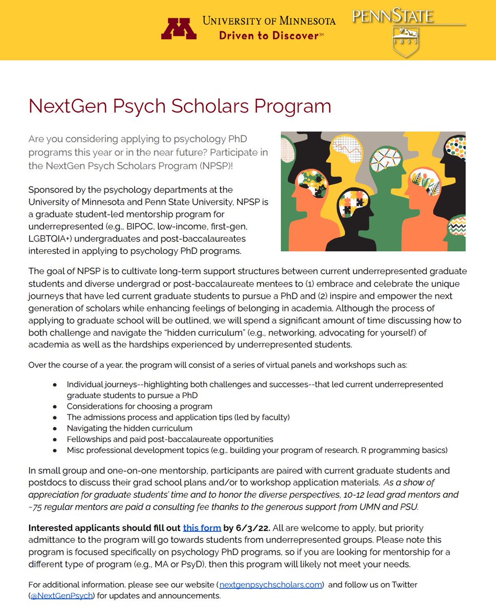 🚨 Year 3 (22'-23') #NPSP signups are LIVE! All aspiring #psych PhD scholars can apply to be mentees &amp; all current psych PhD students &amp; postdocs can apply to be mentors. See our flyer &amp; signup link below for more info ⤵️, &amp; please share widely! 🌟

forms.gle/JZveNaFHhoVCg6…