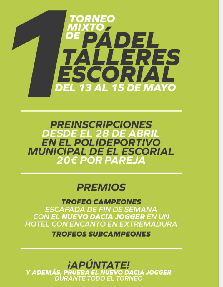 Talleres Escorial patrocina el primer torneo de padel mixto de El Escorial, no dudes en apuntarte! 🎾