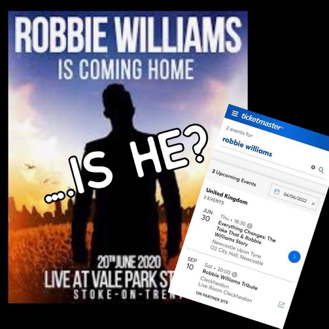 Uh oh…🤔 Where did the #Stoke #HomecomingGig go? You can’t find it anymore online 😢 Pls let his loyal fans know <a href="/robbiewilliams/">Robbie Williams</a> is STILL coming home 🙏🏻 There’s only 32 days to go! #RobbieWilliams
<a href="/iemusic/">ie:music</a> <a href="/OfficialPVFC/">Port Vale Football Club</a> <a href="/TicketmasterUK/">ticketmasteruk</a> <a href="/SJMConcerts/">SJM Concerts</a> <a href="/gigsandtours/">gigsandtours</a> <a href="/steoreilly/">Stephen O'Reilly</a>