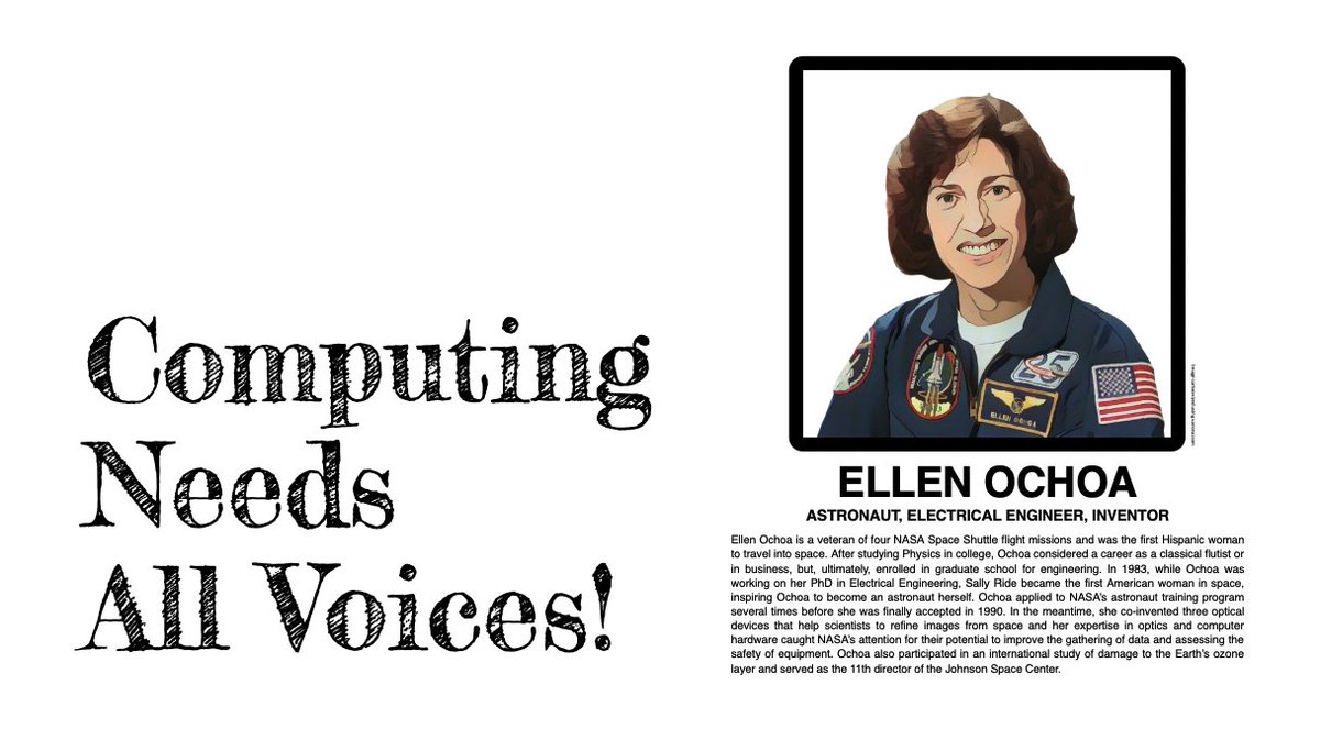 Bootstrapworld's tweet photo. Happy Birthday to @Astro_Ellen, an American Astronaut and Inventor featured in our Computing Needs all Voices lesson! https://t.co/35wgUDHq1D

#RoleModelsinCS #WomeninSTEM #ComputingNeedsAllVoices https://t.co/sEEDVGmop4