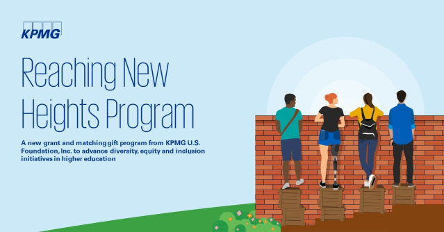 AwhiteheadV's tweet photo. Proud of our new grant and matching gift program to create a stronger pipeline of diversity at colleges and universities. Read about the @KPMG_Foundation’s Reaching New Heights Program to promote greater access and #equity in #highereducation.... https://t.co/i4sH1YLagg https://t.co/UE4m5knLOW