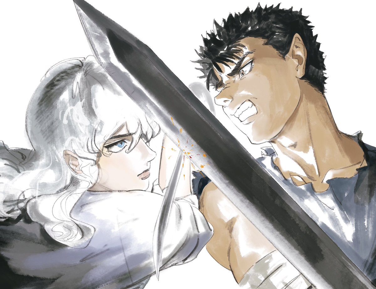 guts (berserk) 2boys multiple boys black hair weapon male focus white hair sword  illustration images