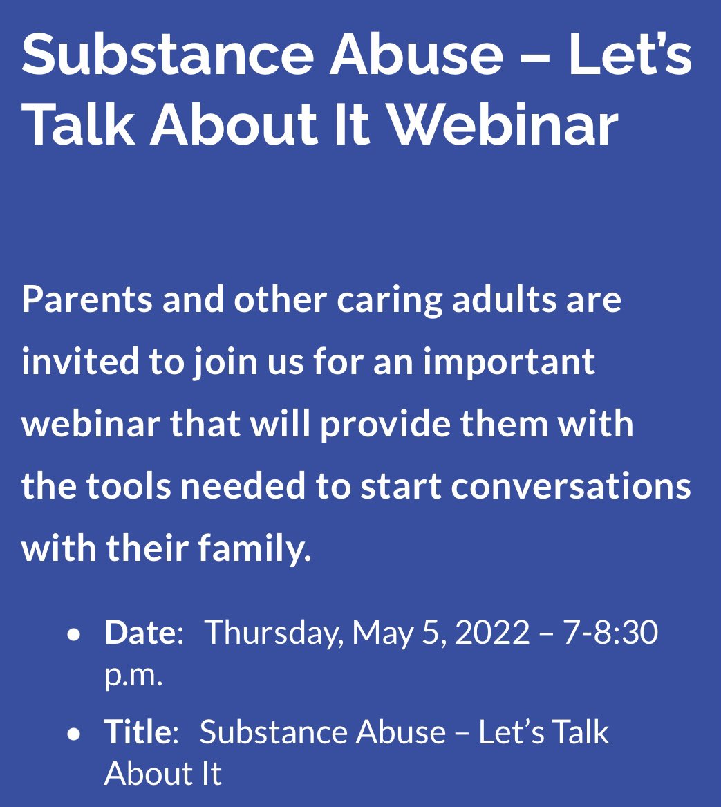 Substance abuse is such an important topic to discuss with our children. Please visit our county resource page and register for a webinar. pwcs.edu/cms/one.aspx?p… #pwcscounselors #awareness #MentalHealthAwarenessMonth