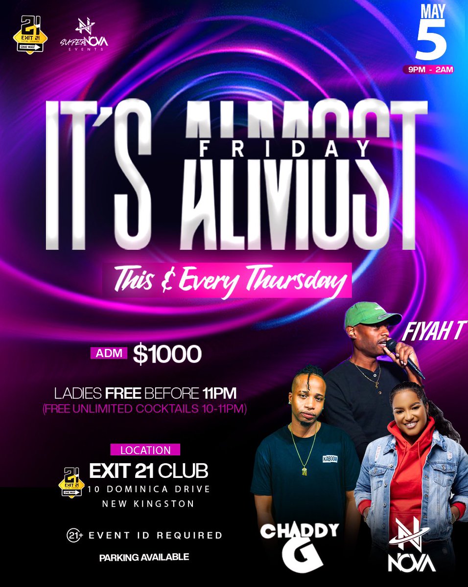 novaxsupernova's tweet photo. Original YxB ina di club dis Thursday ! #Exit21 - New Kingston 🔥 Ladies FREE B4 11pm 🙂 

@chaddygwho @YxBFiyah_T https://t.co/JsQjLEuM4t