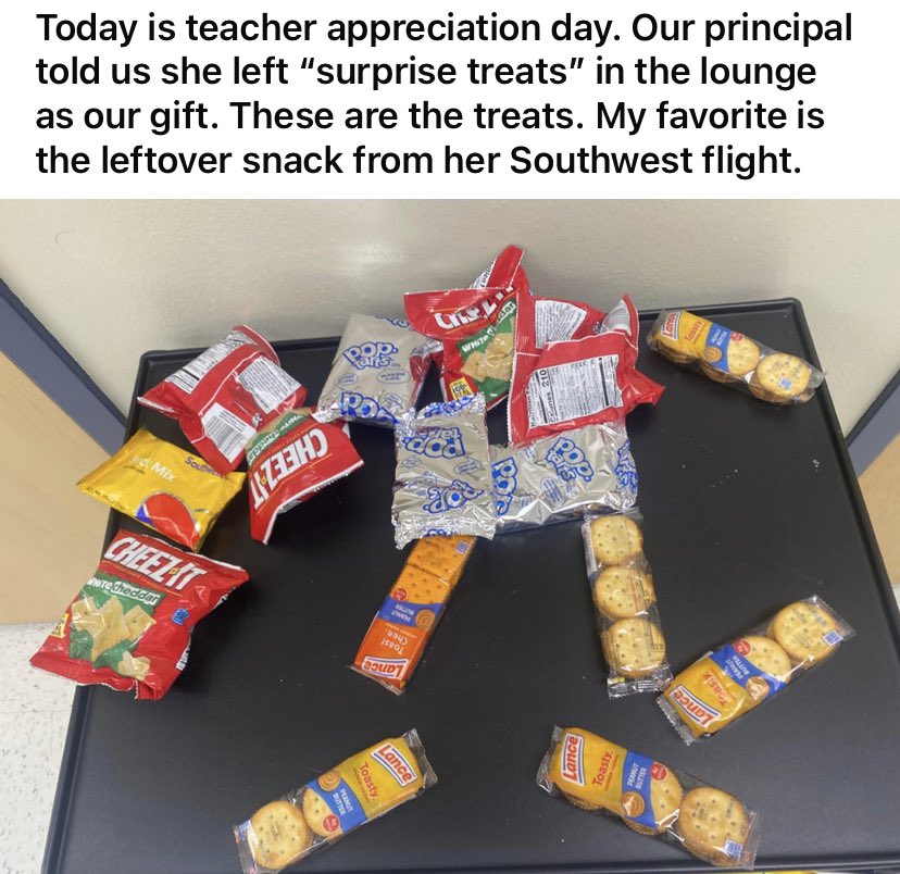 Teacher appreciation apparently means dumping the leftovers from your pantry in the lounge