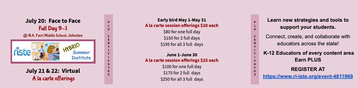 @RISTE Hybrid Summer Institute EARLY BIRD registration is open! Great session offerings for F2F & virtual opportunities. Register by May 31 to receive your discount & entry into our Swag Bag giveaway! THIS is the PD you are looking for!