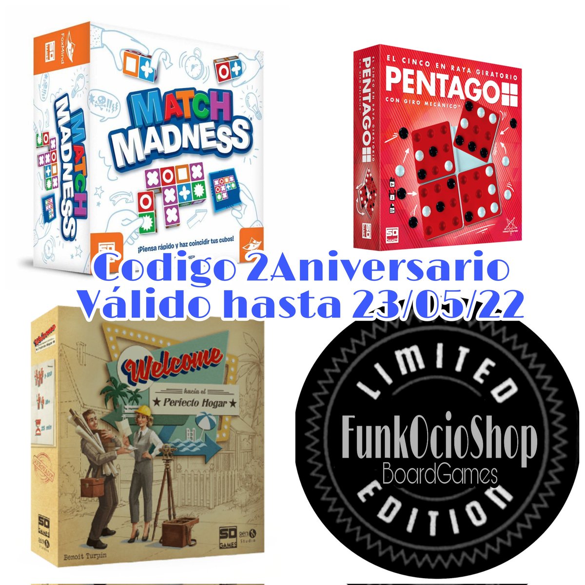 Boardgamesfunk1's tweet photo. El 22/05 es nuestro Aniversario y lanzamos un codigo d descuento del 2%
"2Aniversario" es un codigo ke se puede usar junto con cualquier otro código ya activo o en productos en oferta
Además tod@s los ke uséis el codigo entrareis en el sorteo de uno d estos juegos a elegir
Rt https://t.co/rx012PiPHS