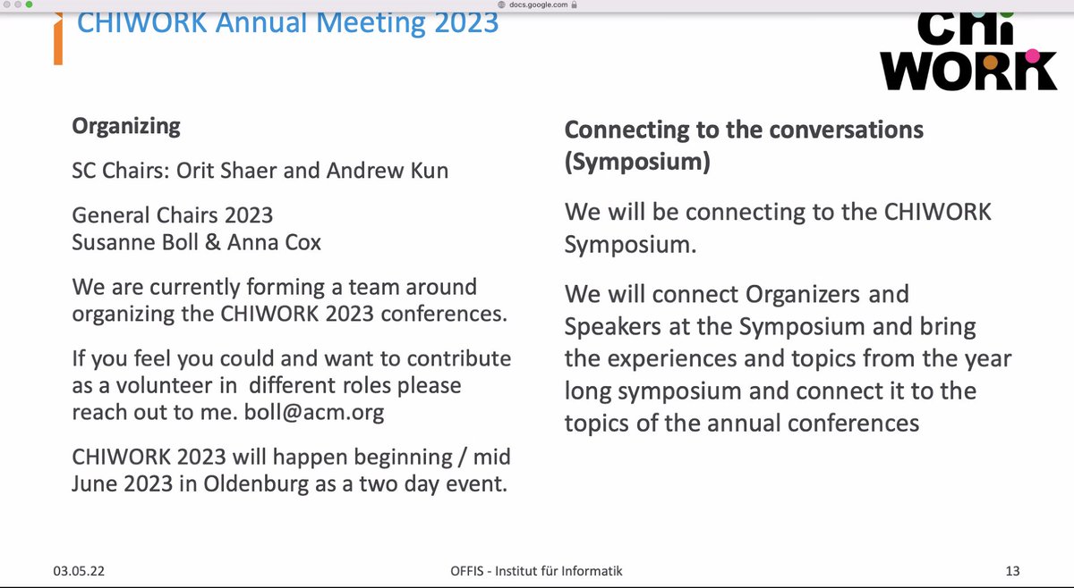 drmaxlwilson's tweet photo. @CHIWORKsymp @SusanneCJBoll #chiwork23 will be co-chaired by THE @AnnaCox_ too! - sounds like it will be an exciting @CHIWORKsymp conference in 2023. #chi2022 They call out for volunteers to help co-organise the event. https://t.co/kdwqqReduX