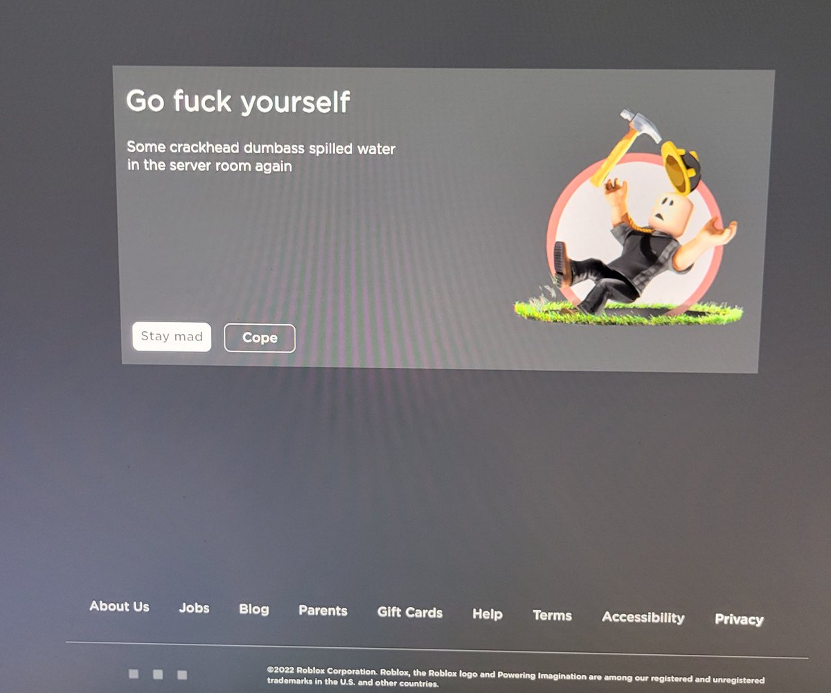 ARCHIVEDf3nmon's tweet photo. Roblox needs to cool their shit #RobloxDown #Roblox https://t.co/F7d4XXFSC9
