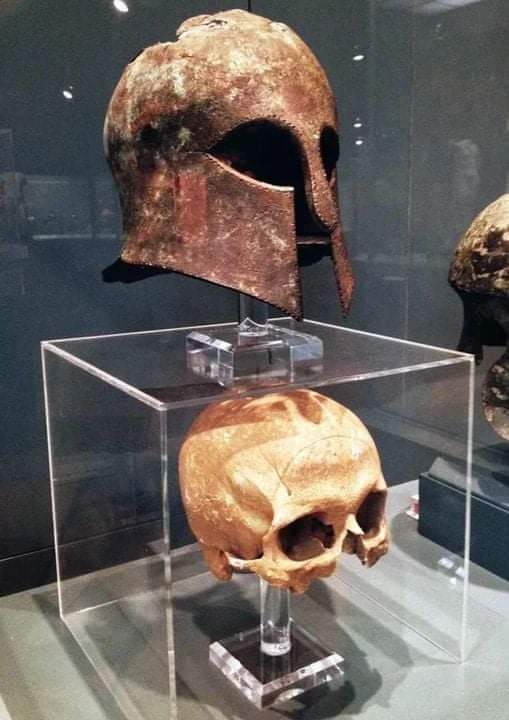 A Corinthian helmet and skull from the Battle of Marathon in 490 BC. When found, the skull was still inside the helmet.