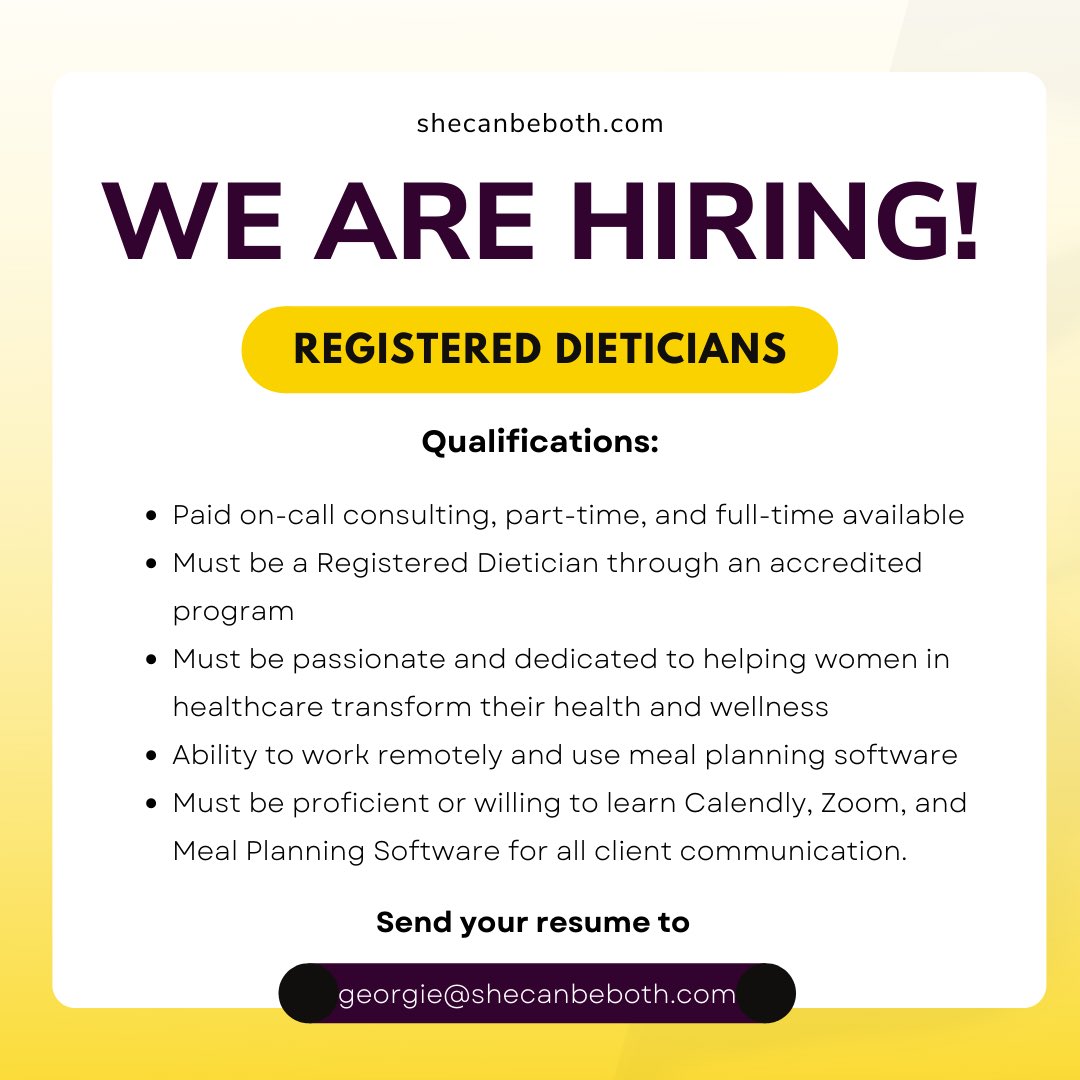 She Can Be Both Company is looking for enthusiastic Registered Dietician’s to join our incredible community🎙 

Please send all resumes and questions to ➡️Georgie@shecanbeboth.com
