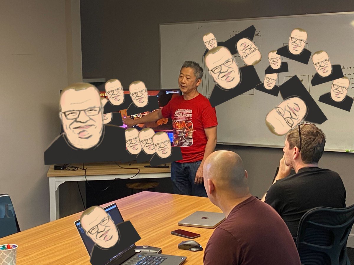AzraGames's tweet photo. The game design brain trust lead by @markotero hard at work.

Our very own Space Ape protecting the alpha. ⚡️⚡️⚡️ https://t.co/cTyb5tch0V