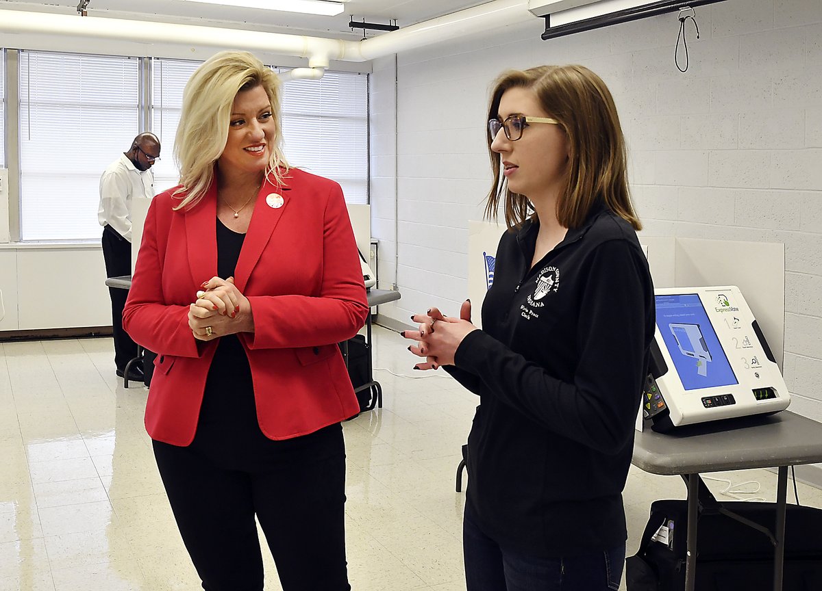 #MadCoVotes  Indiana Secretary of State Holli Sullivan visits the Madison County voting center site at the National Guard Armory in Anderson Tuesday afternoon with Madison County Clerk Olivia Pratt to observe the new voting centers in action.