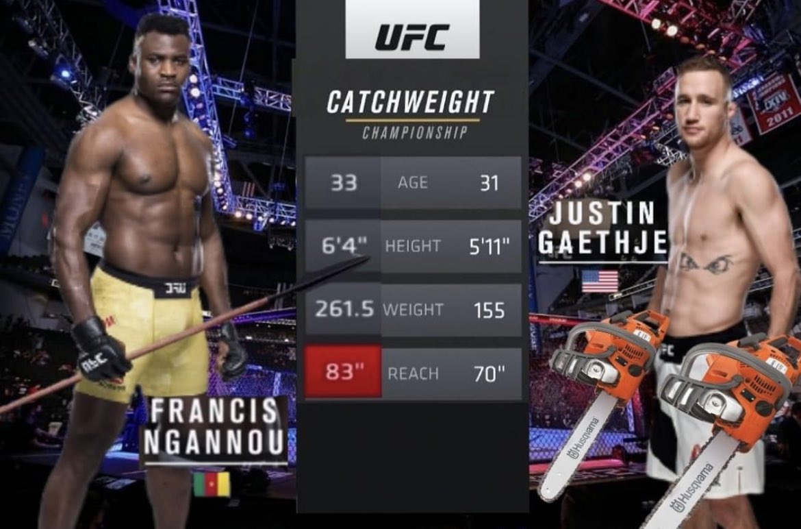 MMAMirc's tweet photo. Breaking: Charles Olivera pulls out of UFC 274 with broken labia… Francis Ngannou with a spear to face Justin Gathje with two chain saws. https://t.co/7kVuj7m5r2