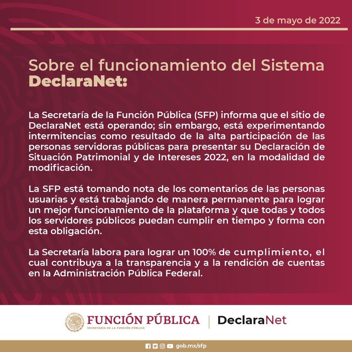 DeclaraNetSFP's tweet photo. #TodosDeclaramosGobMX
#LaMetaEsDeclarar
#DeclaraNet https://t.co/4KTHlmE6Fr