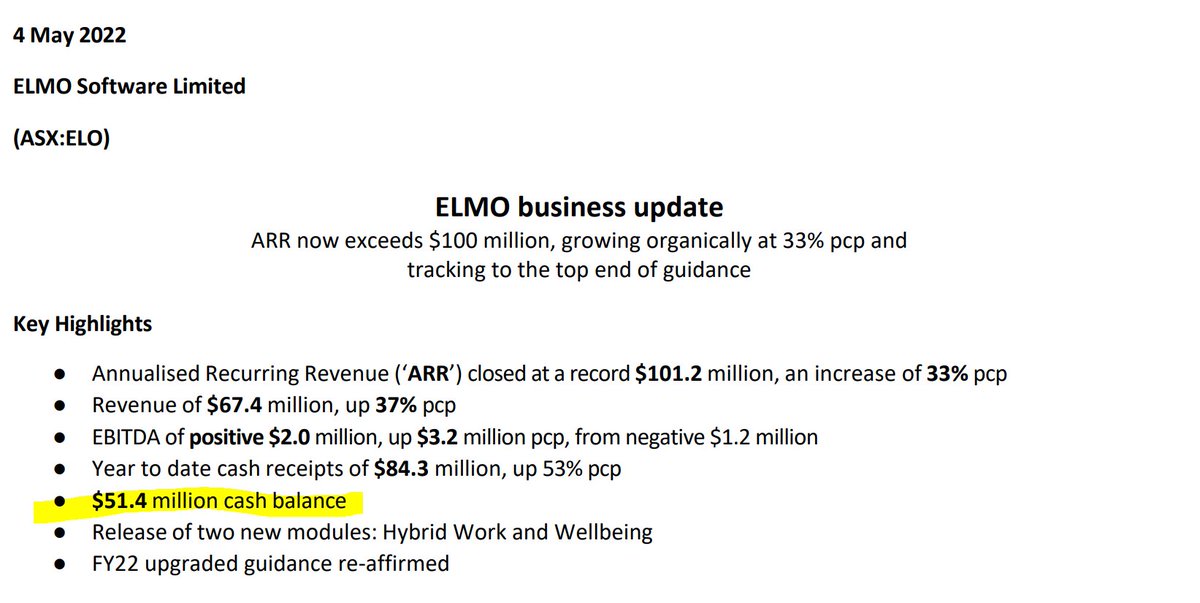 myblocksapp's tweet photo. Elmo Software $ELO
IMO this is borderline misleading - quoting $51m cash balance without reference to debt, deferred consideration and negative working capital ($40m, $32m and ~$30m respectively at 31 Dec) https://t.co/LFpzt4VBkW