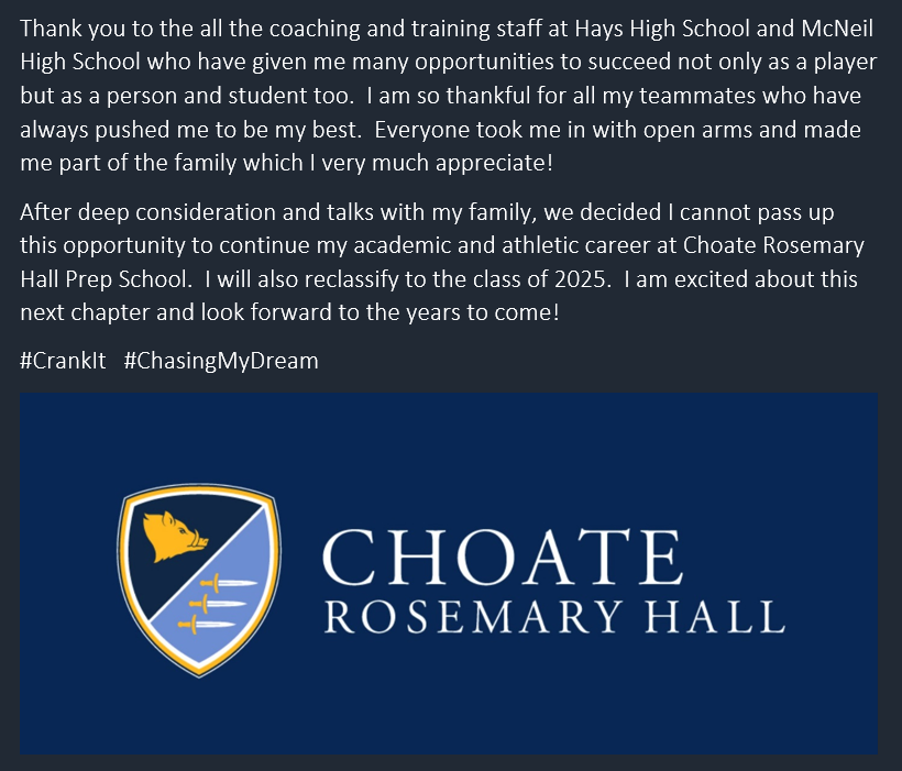 BIGDYL_73's tweet photo. Very excited to announce that I will be attending Choate Rosemary Hall Prep School for the remainder of my high school career and will be reclassing to the Class of 2025! CRH '25 #CrankIt #ChasingMyDream @coach_spinnato @BR_Ostie @CRHFootball https://t.co/kyLjdQZTz3