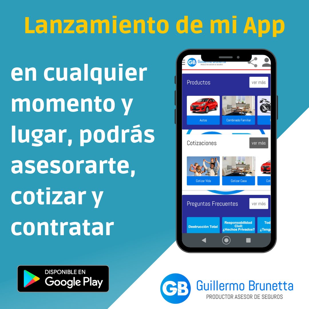 gbrunetta's tweet photo. Lanzamiento de mi App.
.
Podrás tener el mejor asesoramiento, cotizaciones y contratación de Seguros.
.
Podes bajarla desde Google Play o en el siguiente link ;
https://t.co/Du1HNQFPMJ
.
#brunetta #guillermobrunetta #brunetta.seguro #seguros #cotizar #asegurar #asesoramiento https://t.co/3qlbZIkegK