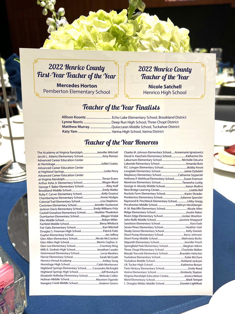 HenricoSchools's tweet photo. No one has more committed, caring and effective teachers than HCPS! It’s fitting that all of this year’s Teacher of the Year winners were honored tonight, during Teacher Appreciation Week. Thanks to @HCPSFoundation and @HenricoFCU! https://t.co/8ozwzaBycZ