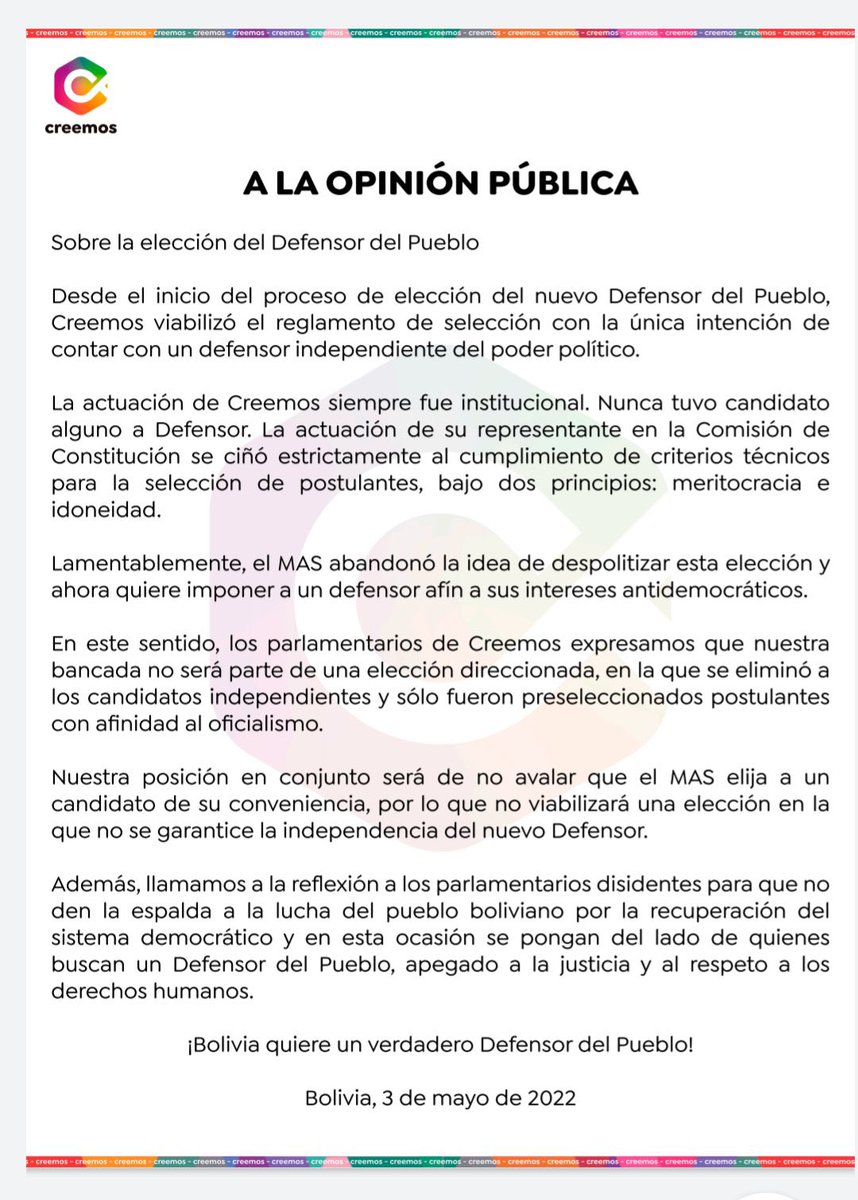 estibaliz_bravo's tweet photo. Parlamentarios de Creemos no serán cómplices de la designación de un #DefensorDelMAS https://t.co/Z7mNu5gng0