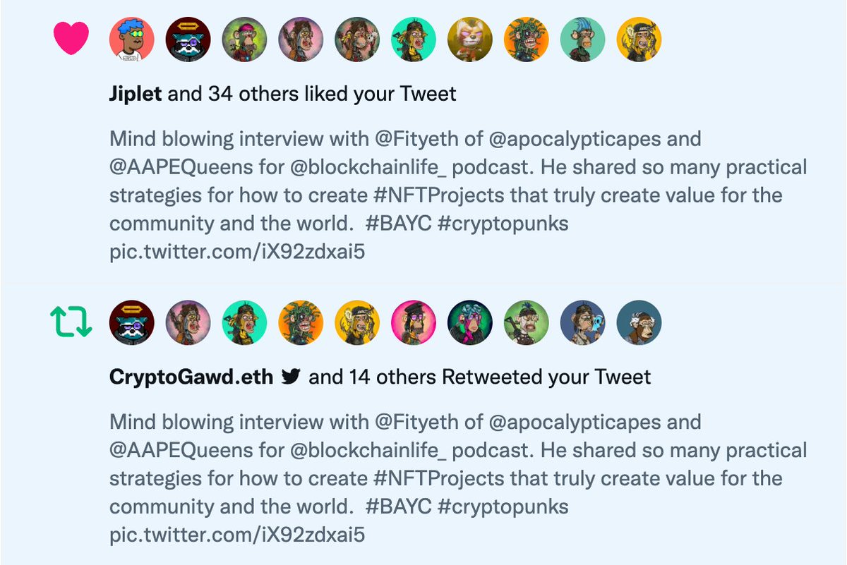 karyoberbrunner's tweet photo. My notifications are blowing up with @apocalypticapes and @AAPEQueens Wow @Fityeth. You weren't joking. Your #NFTCommunity is the best in the world. Can't wait to share your words of wisdom from the @blockchainlife_ podcast interview. Not long now. #AAPEQUEENS #APPES #BAYC ? #NFT https://t.co/gVm46xHgUH