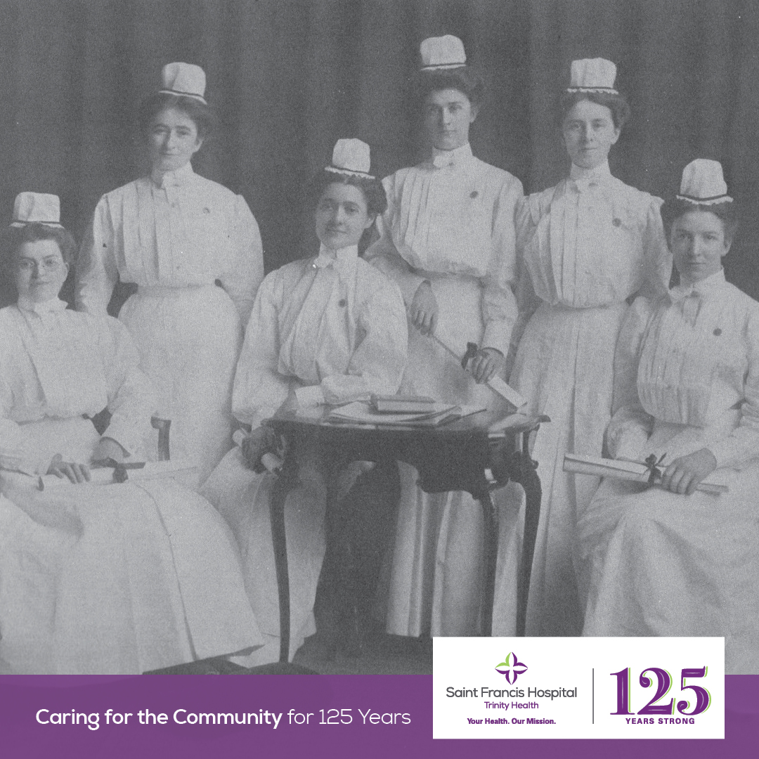 This photo is of the Class of 1908. The original nurses’ caps that Saint Francis adopted were “cupcake” style. Later, a three-pointed hat was designed, with the points representing “Faith,” “Hope,” and “Charity.” #125YearsStrong